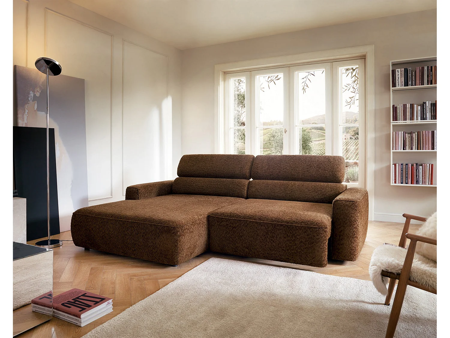 Canapé d’angle avec assise électrique – angle gauche – Marron – Chenille – FANDO