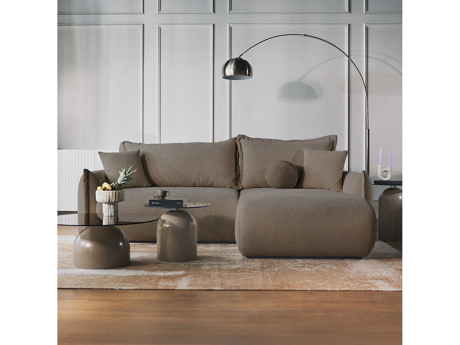 Canapé d'angle convertible – Angle à droite – chenille marron clair – CUSHI