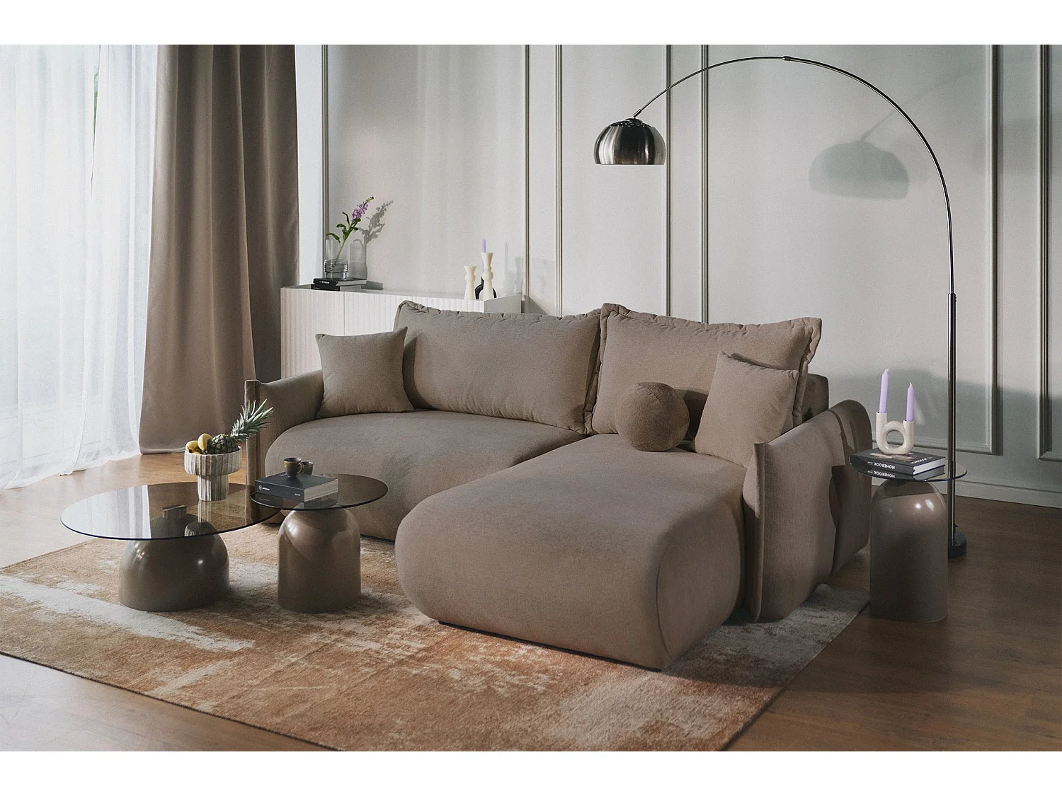 Canapé d'angle convertible – Angle à droite – chenille marron clair – CUSHI