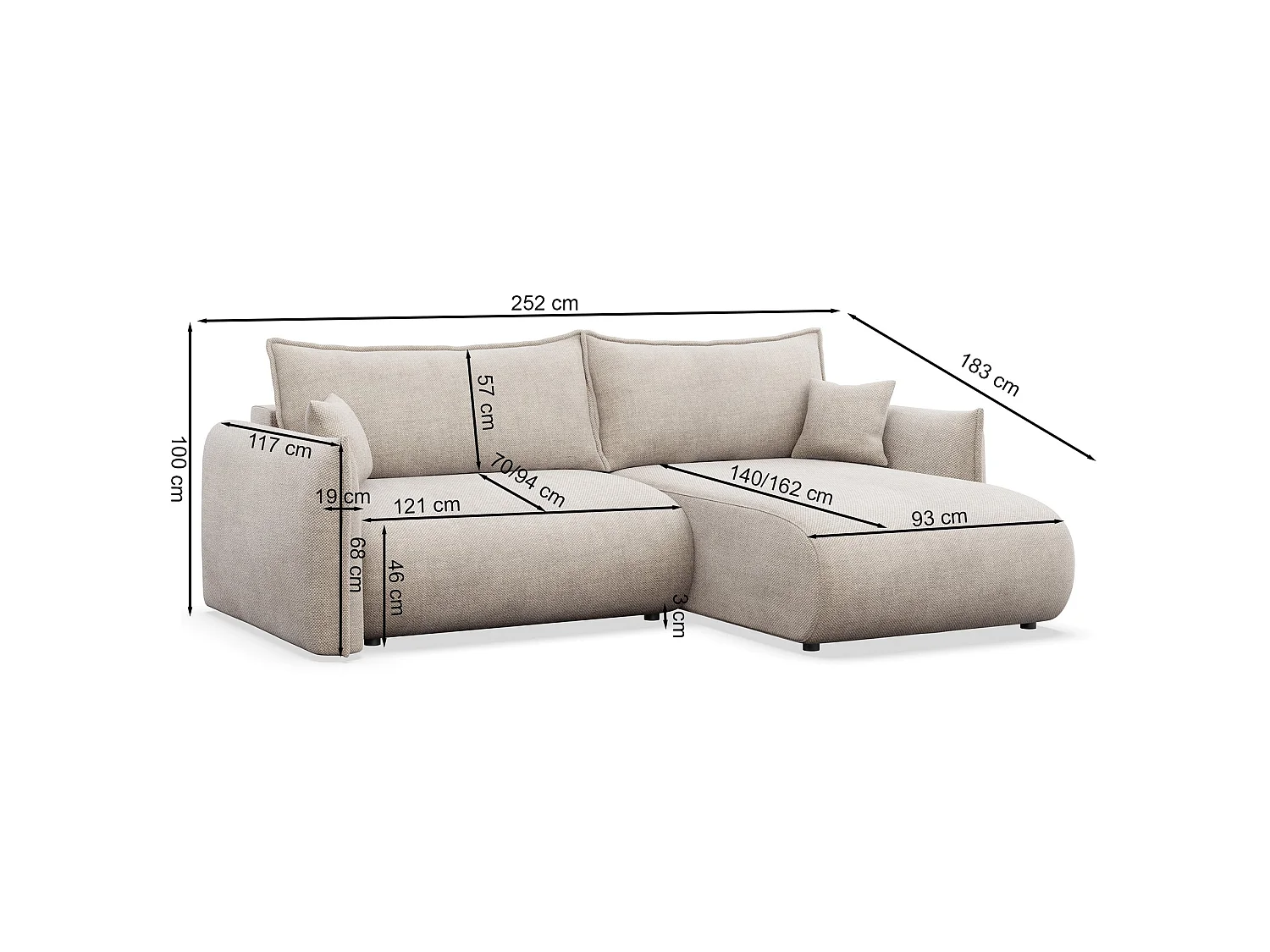 Canapé d'angle convertible – Angle à droite – chenille marron clair – CUSHI