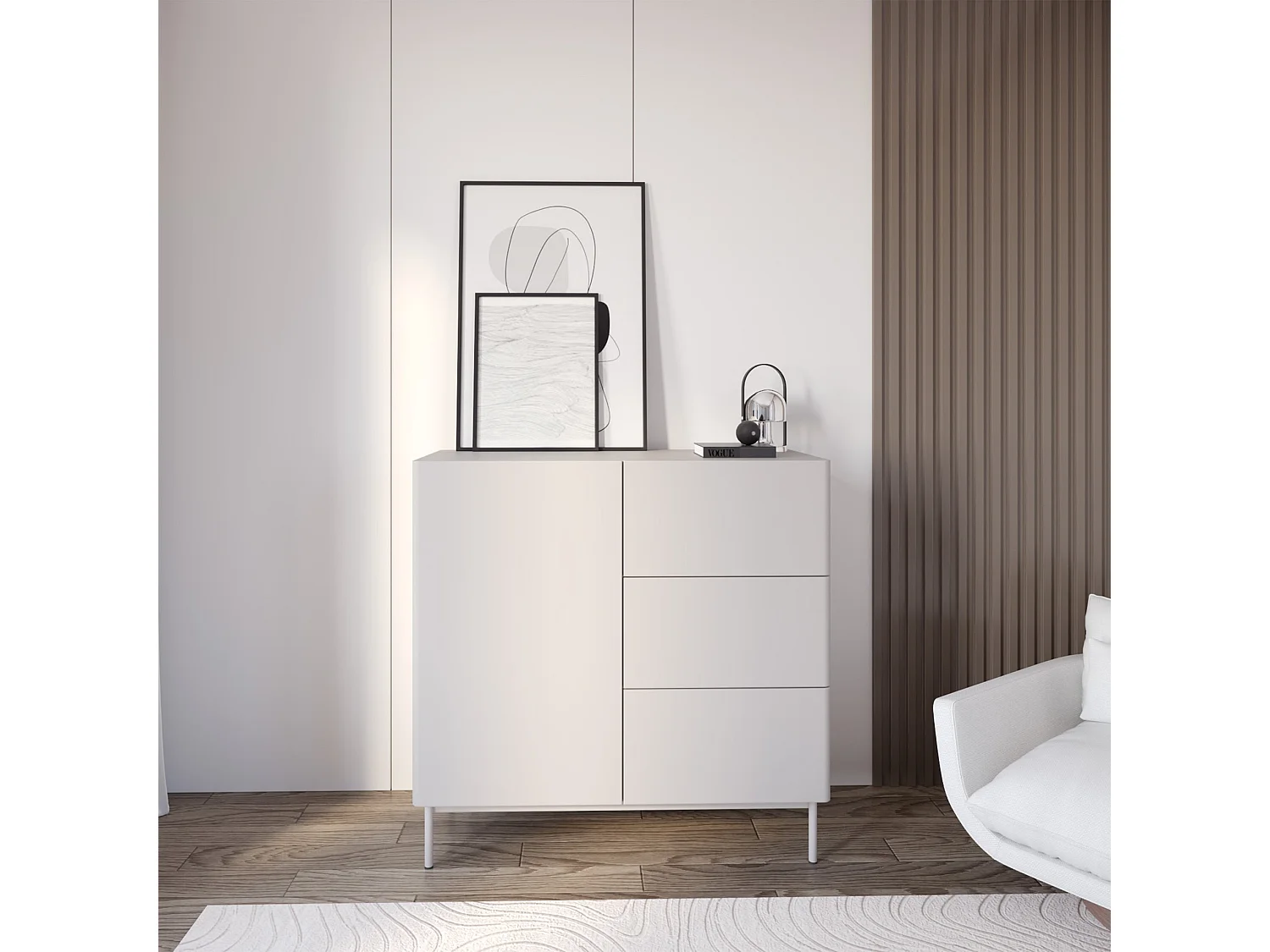 Buffet avec 1 porte et 3 tiroirs - 100 cm - cachemire - OLIO