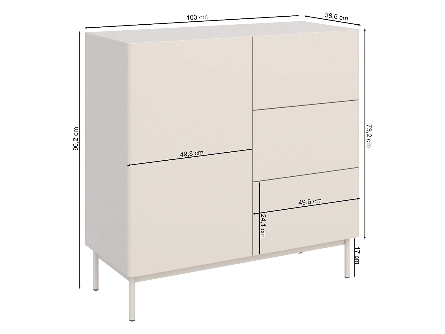 Buffet avec 1 porte et 3 tiroirs - 100 cm - cachemire - OLIO