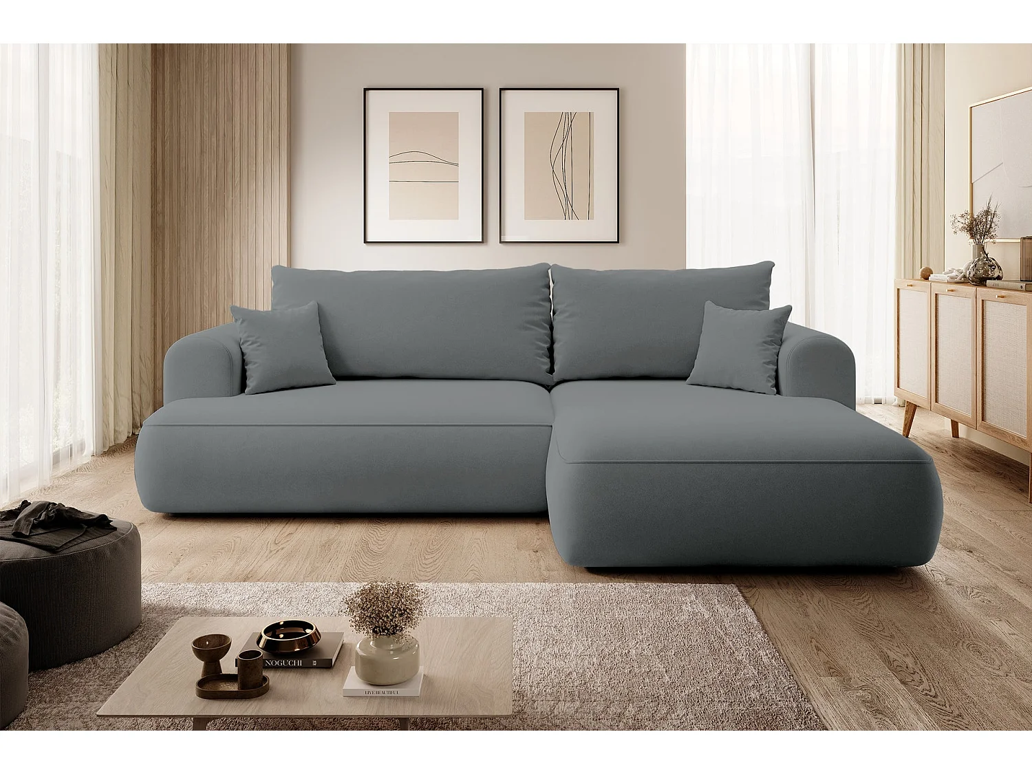 Canapé d’angle avec fonction couchage – angle droit – Gris foncé – Velours – OVO