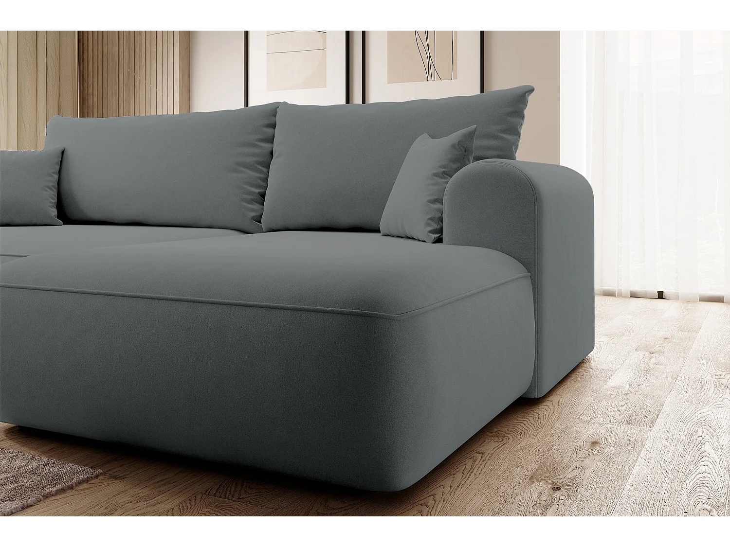 Canapé d’angle avec fonction couchage – angle droit – Gris foncé – Velours – OVO