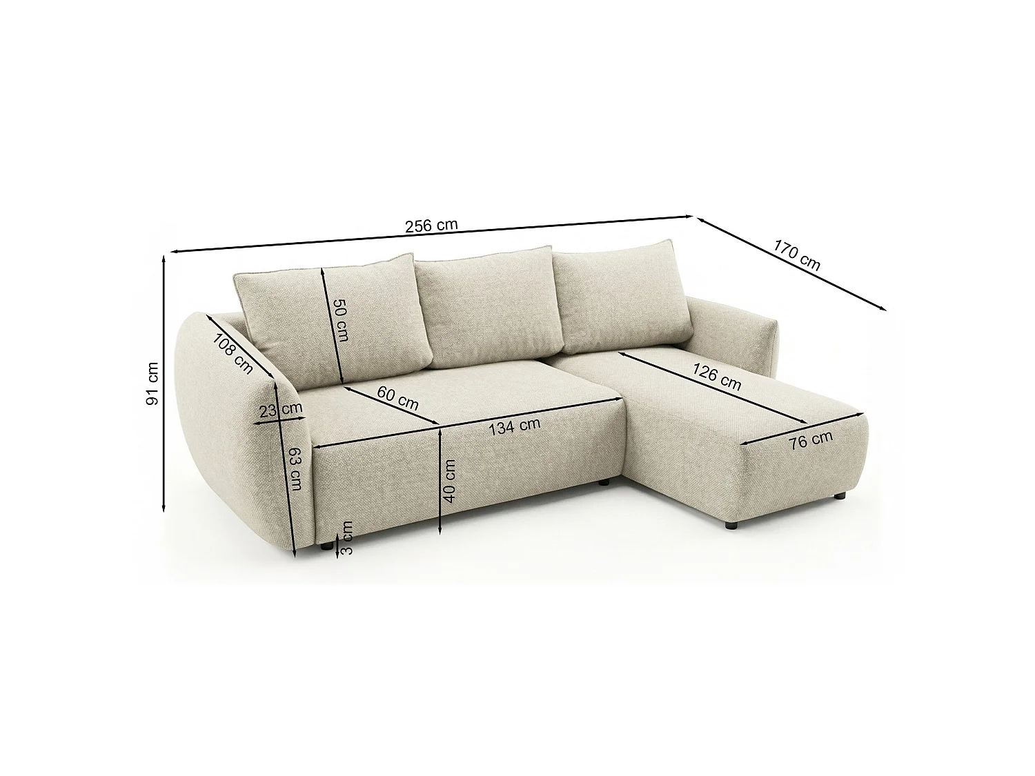Canapé d'angle droit 3 places convertible avec coffre en tissu chenille marron ZORDO