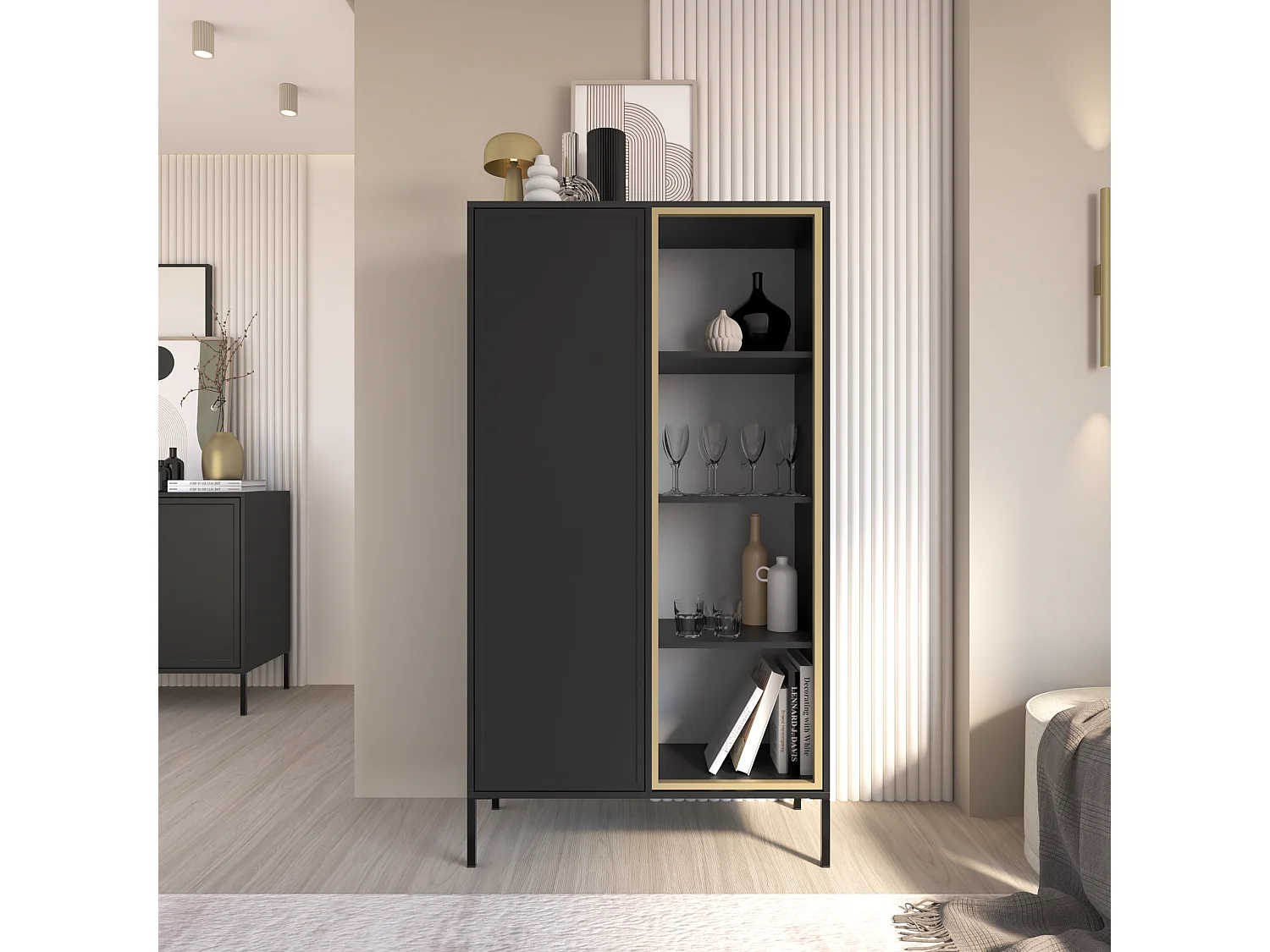 Vitrine zweitürig mit Glasfront – 90 cm – Schwarz – VELVETO