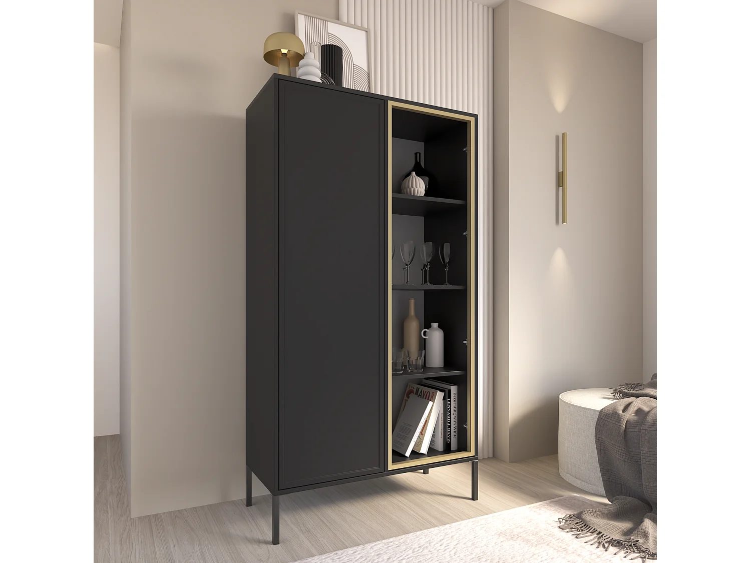 Vitrine zweitürig mit Glasfront – 90 cm – Schwarz – VELVETO