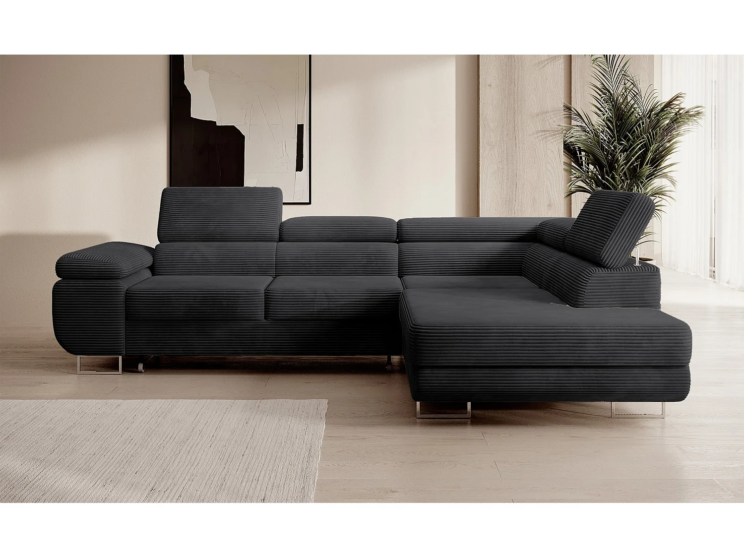 Canapé d’angle avec fonction couchage – angle droit – Noir – Velours côtelé – STEVIL