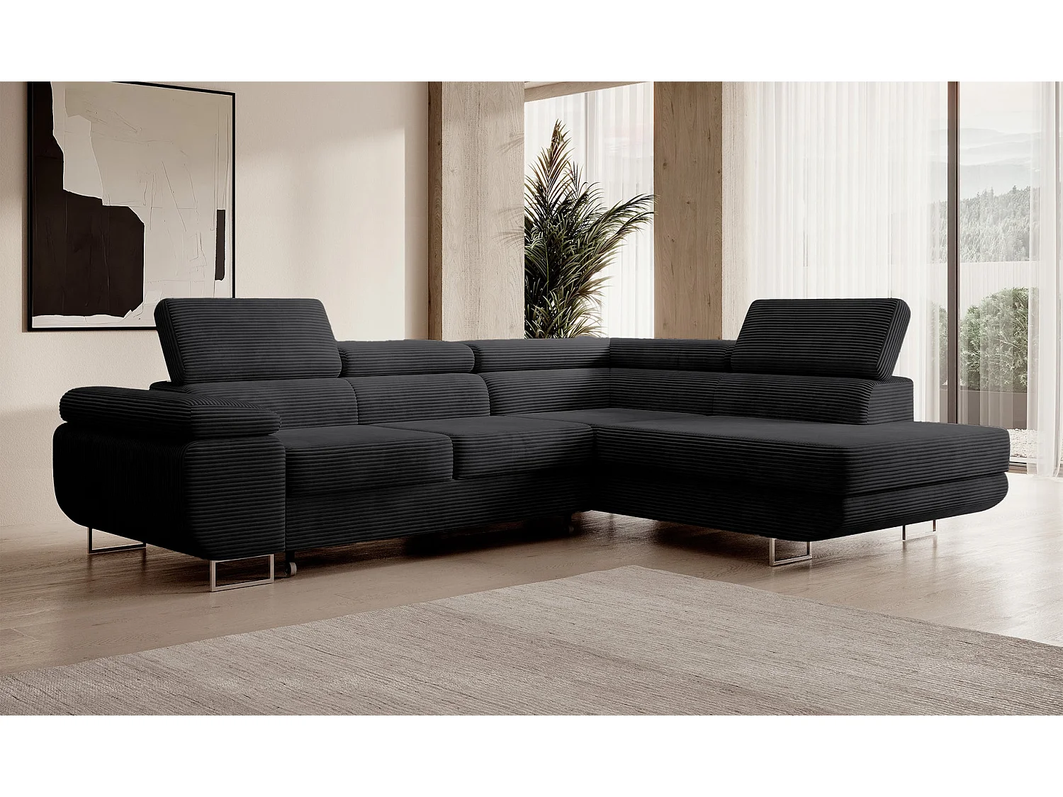 Canapé d’angle avec fonction couchage – angle droit – Noir – Velours côtelé – STEVIL