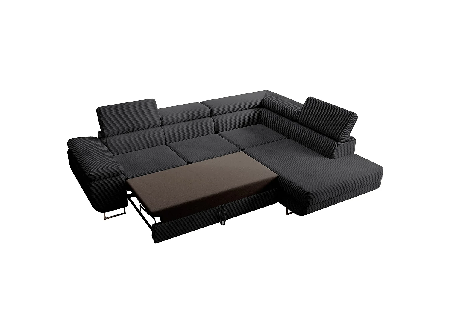 Canapé d’angle avec fonction couchage – angle droit – Noir – Velours côtelé – STEVIL
