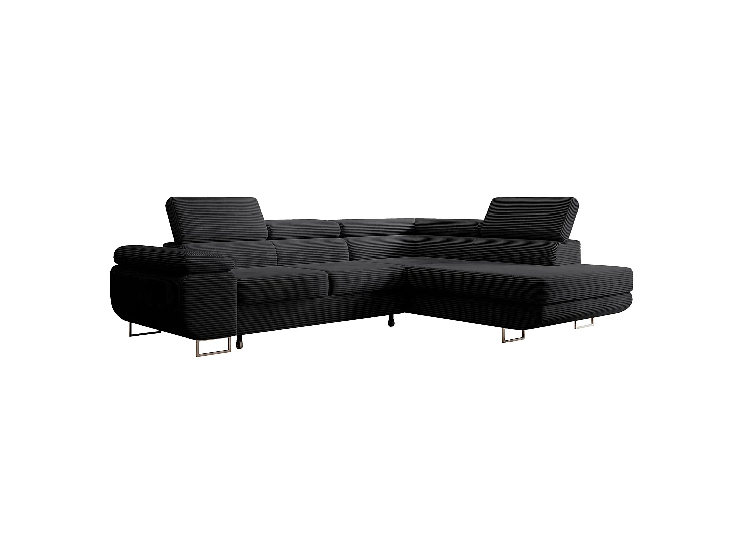 Canapé d’angle avec fonction couchage – angle droit – Noir – Velours côtelé – STEVIL