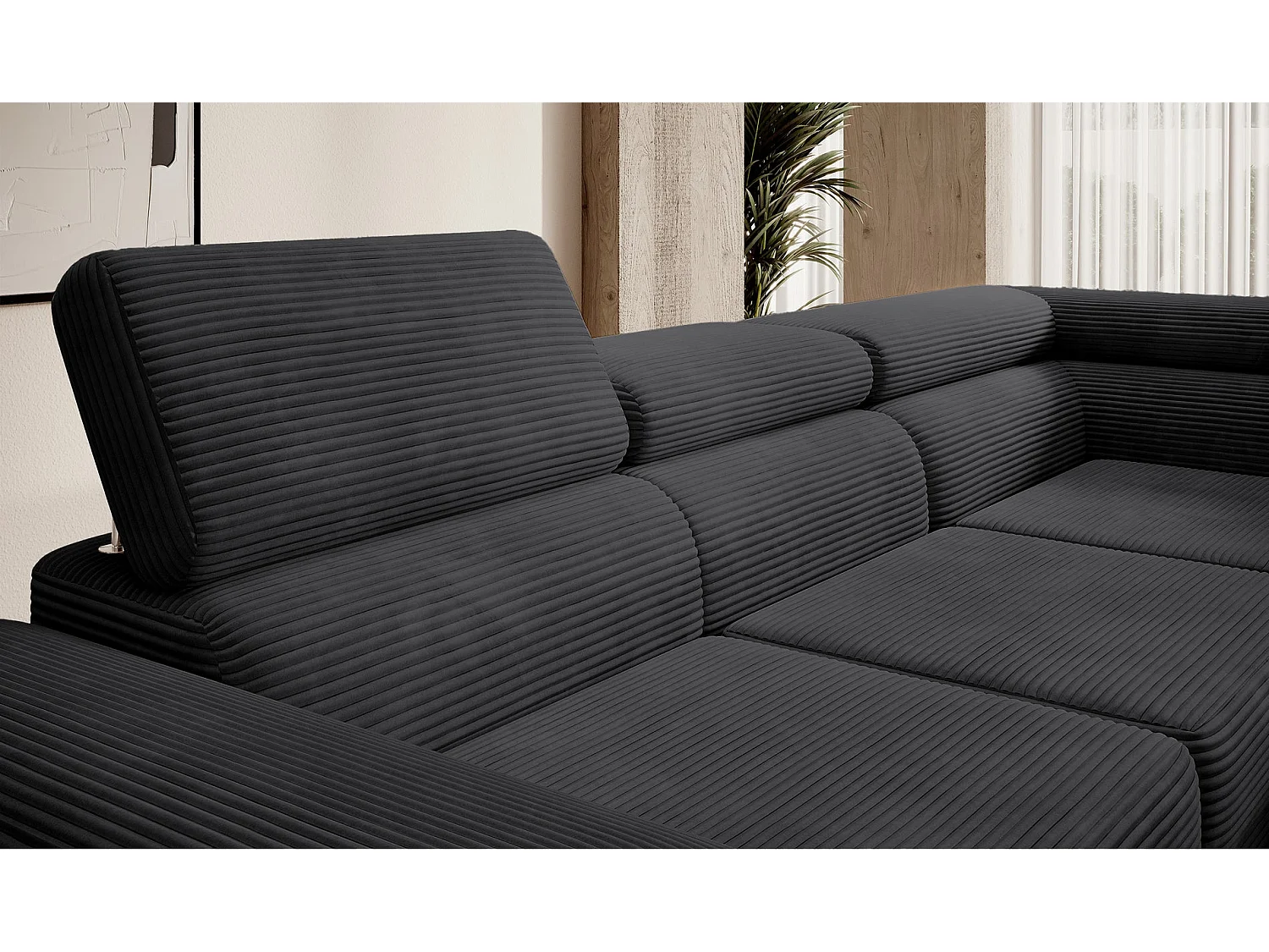 Canapé d’angle avec fonction couchage – angle droit – Noir – Velours côtelé – STEVIL