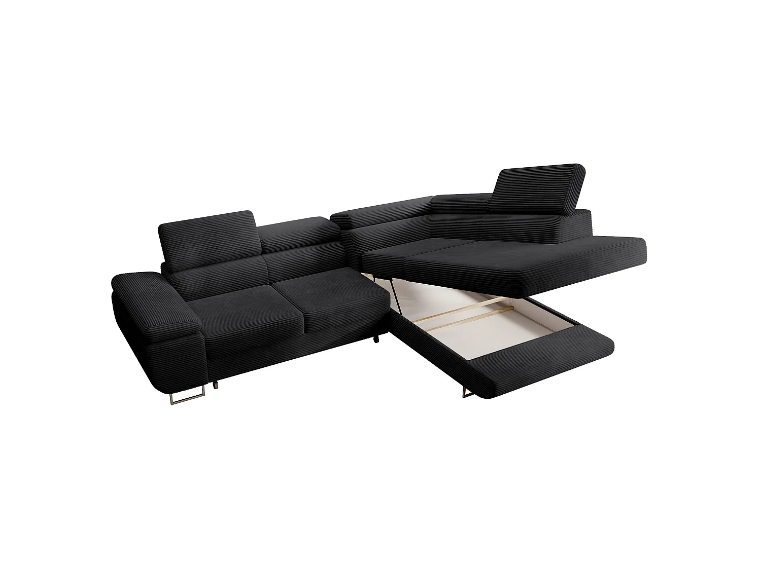 Canapé d’angle avec fonction couchage – angle droit – Noir – Velours côtelé – STEVIL