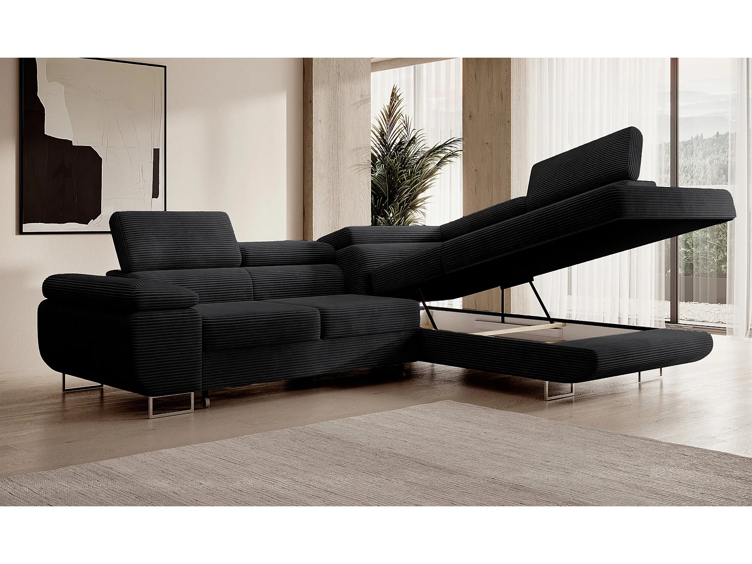 Canapé d’angle avec fonction couchage – angle droit – Noir – Velours côtelé – STEVIL
