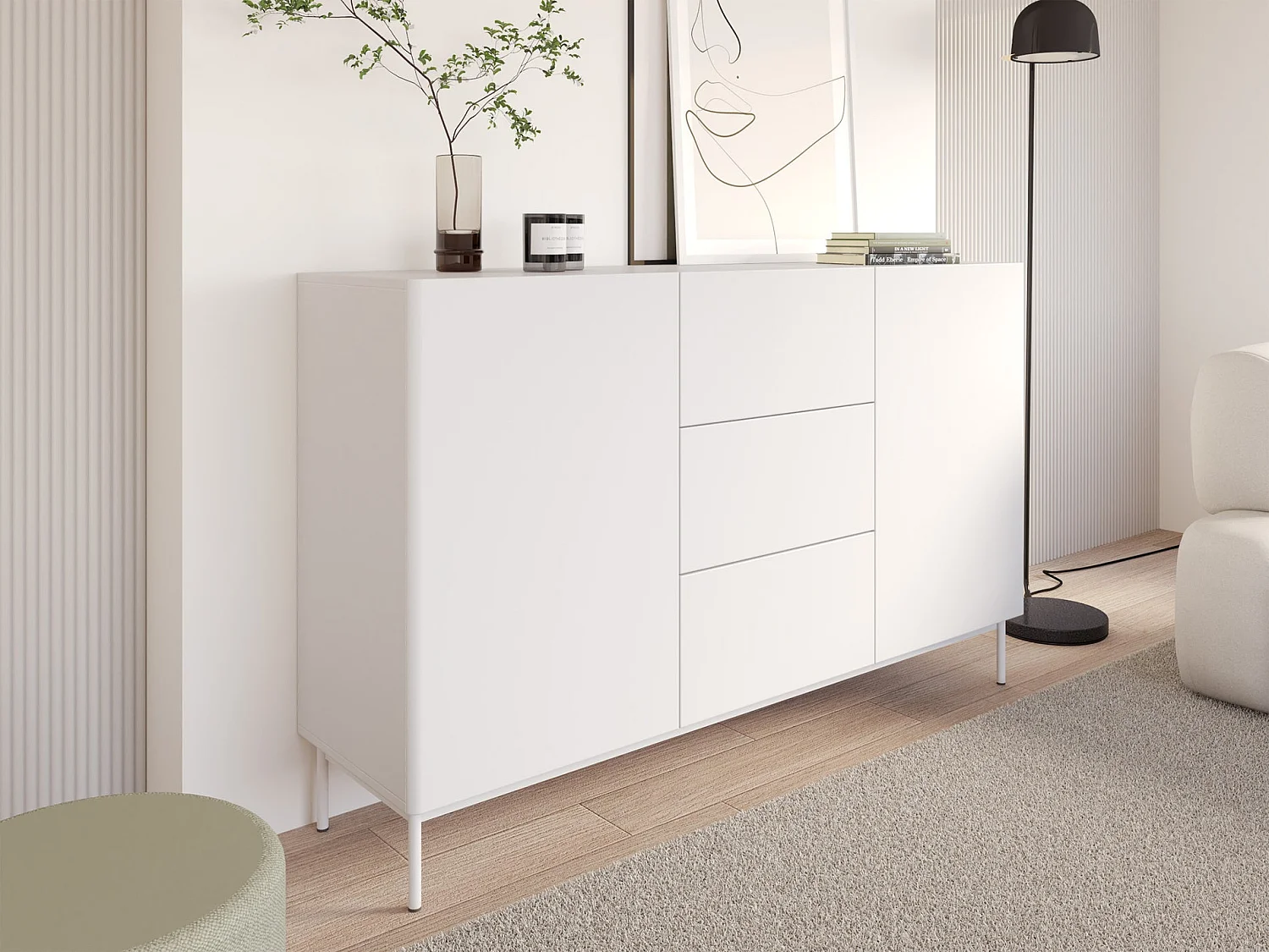 Buffet avec 2 portes et 3 tiroirs - 160 cm - blanc - OLIO