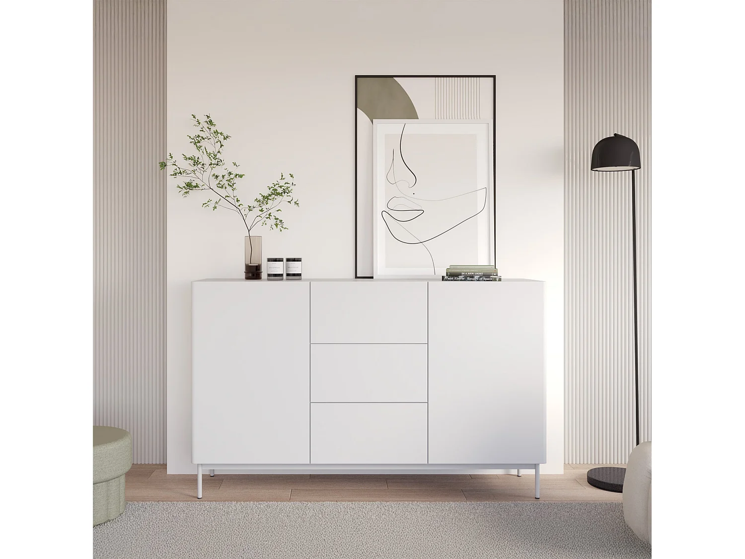 Buffet avec 2 portes et 3 tiroirs - 160 cm - blanc - OLIO
