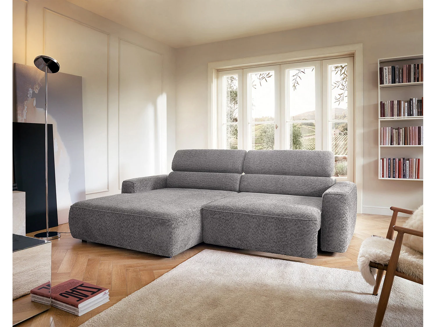 Canapé d’angle avec assise électrique – angle gauche – Gris clair – Chenille – FANDO
