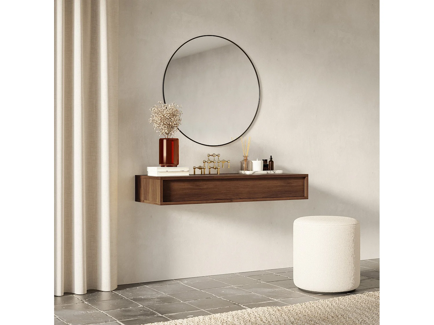 Console suspendue avec 1 tiroir - 90 cm - aspect noyer - SANVA