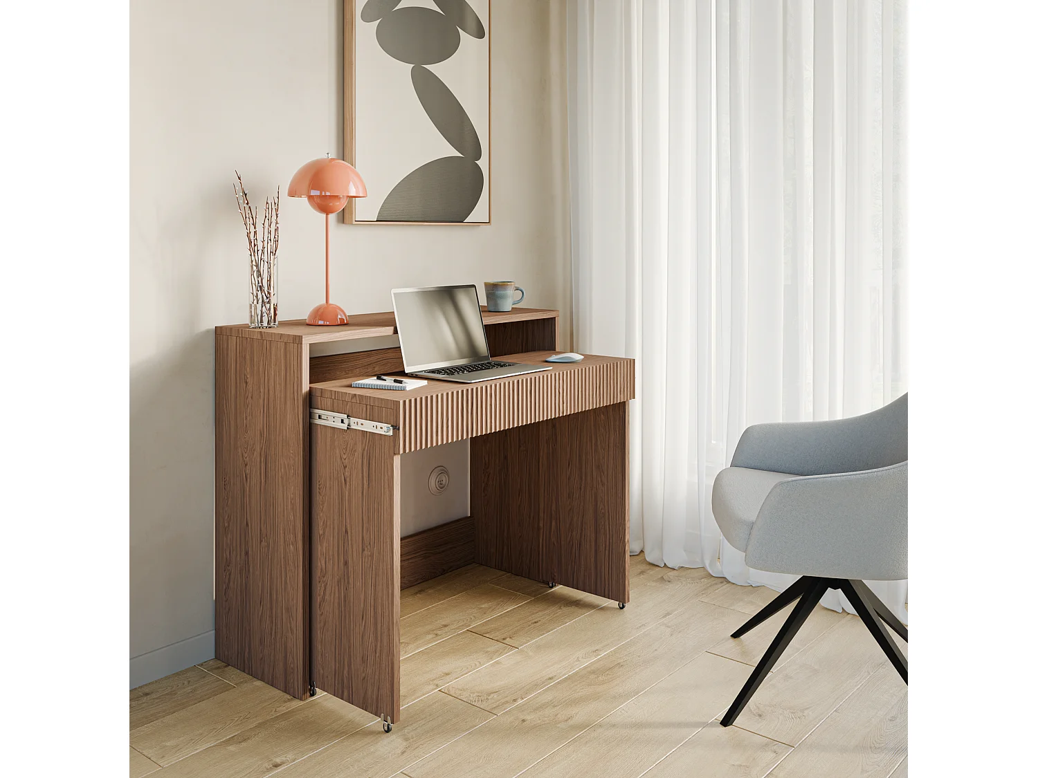 Ausziehbarer Schreibtisch mit Schublade und Riffeln - Casella Eiche braun - 98 cm - ZOOM