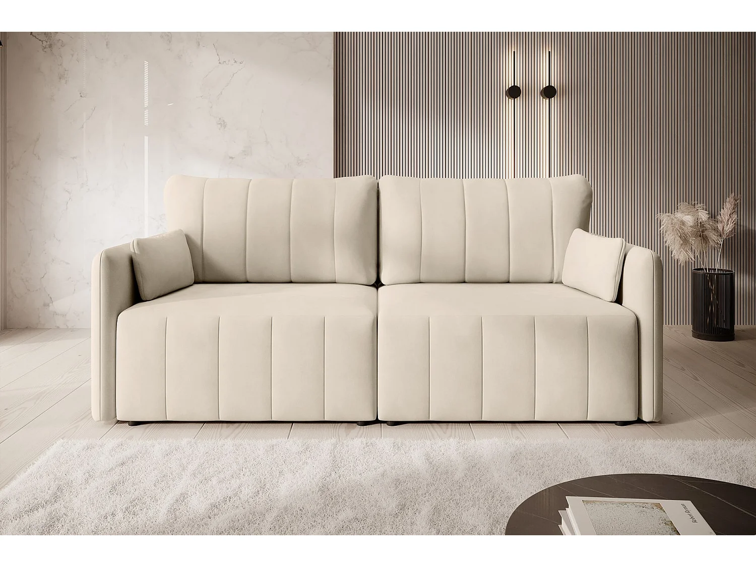 Canapé 3 places convertible – velours – pieds noirs – crème – PIERRA