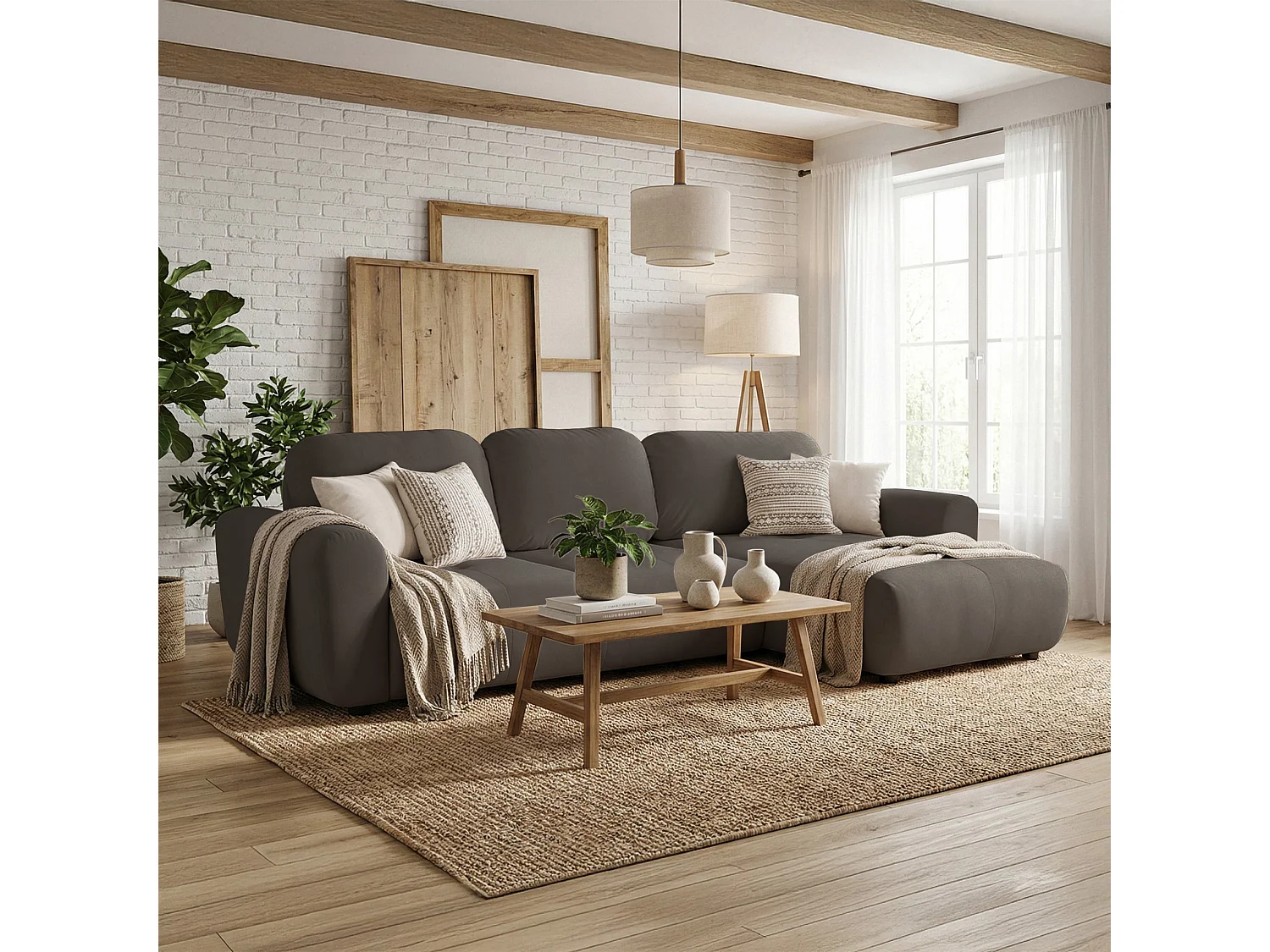 Canapé d'angle convertible en L - velours hydrophobe beige foncé - avec coffre - OLIDO
