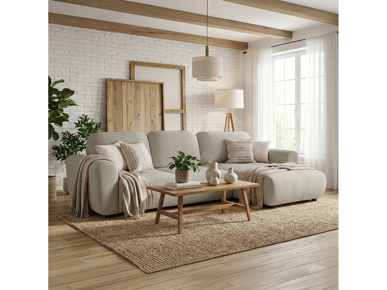 Canapé d'angle convertible en L - velours hydrophobe beige - avec coffre - OLIDO