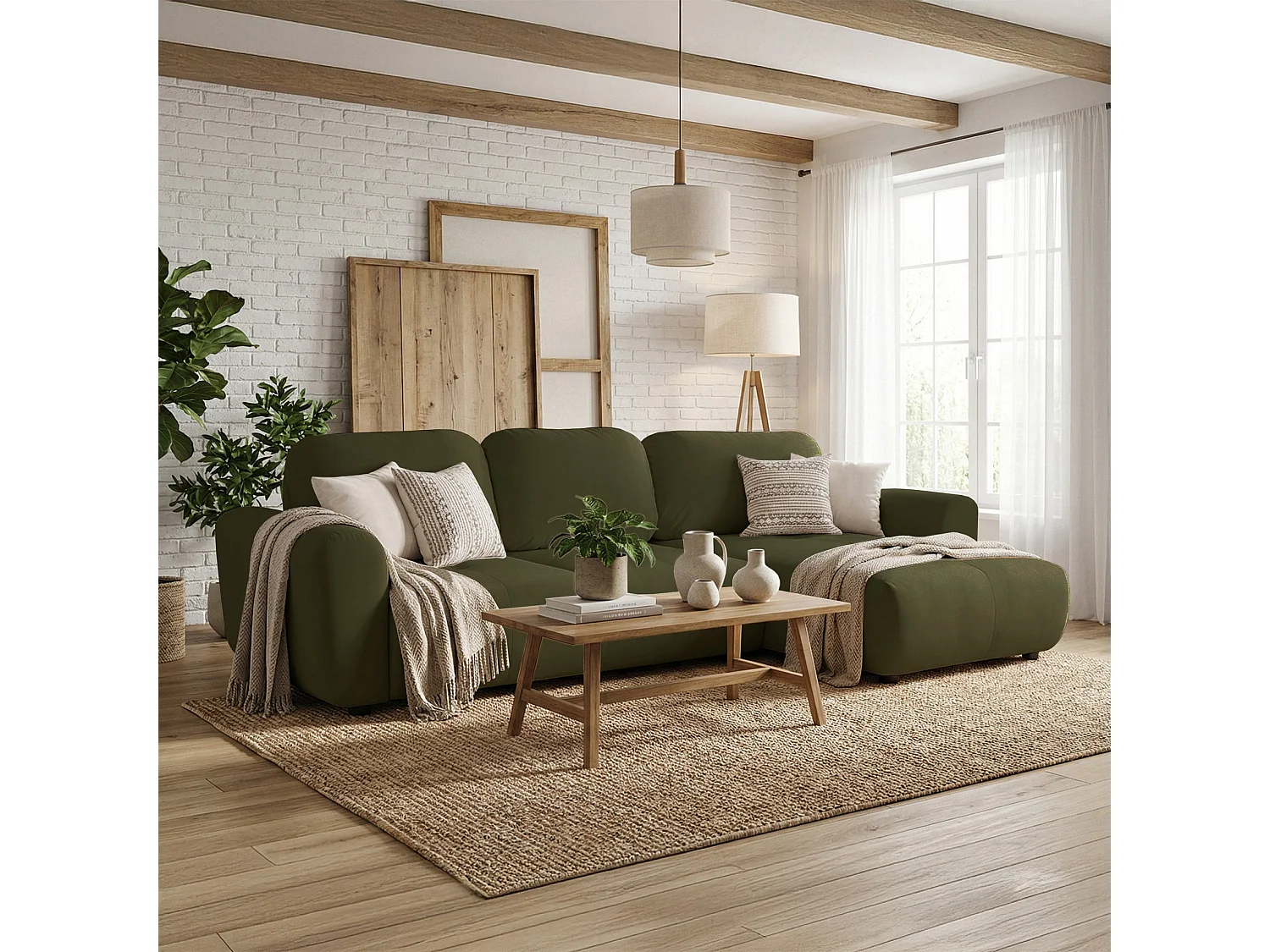 Canapé d'angle convertible en L - velours hydrophobe olive - avec coffre - OLIDO