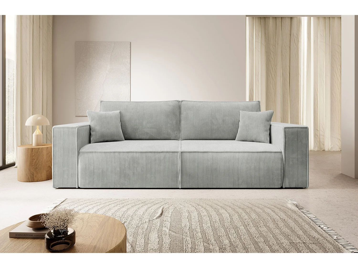 Sofa mit Schlaffunktion, Stauraum - Cordbezug - Hellgrau - FARESE