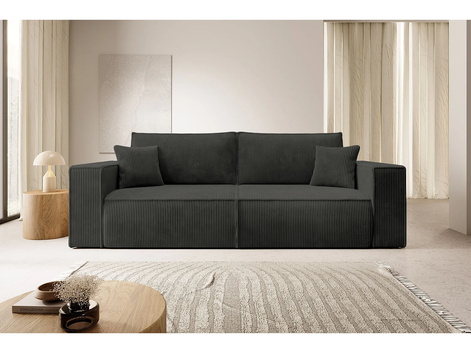 Sofa mit Schlaffunktion, Stauraum - Cordbezug - Dunkelgrau - FARESE