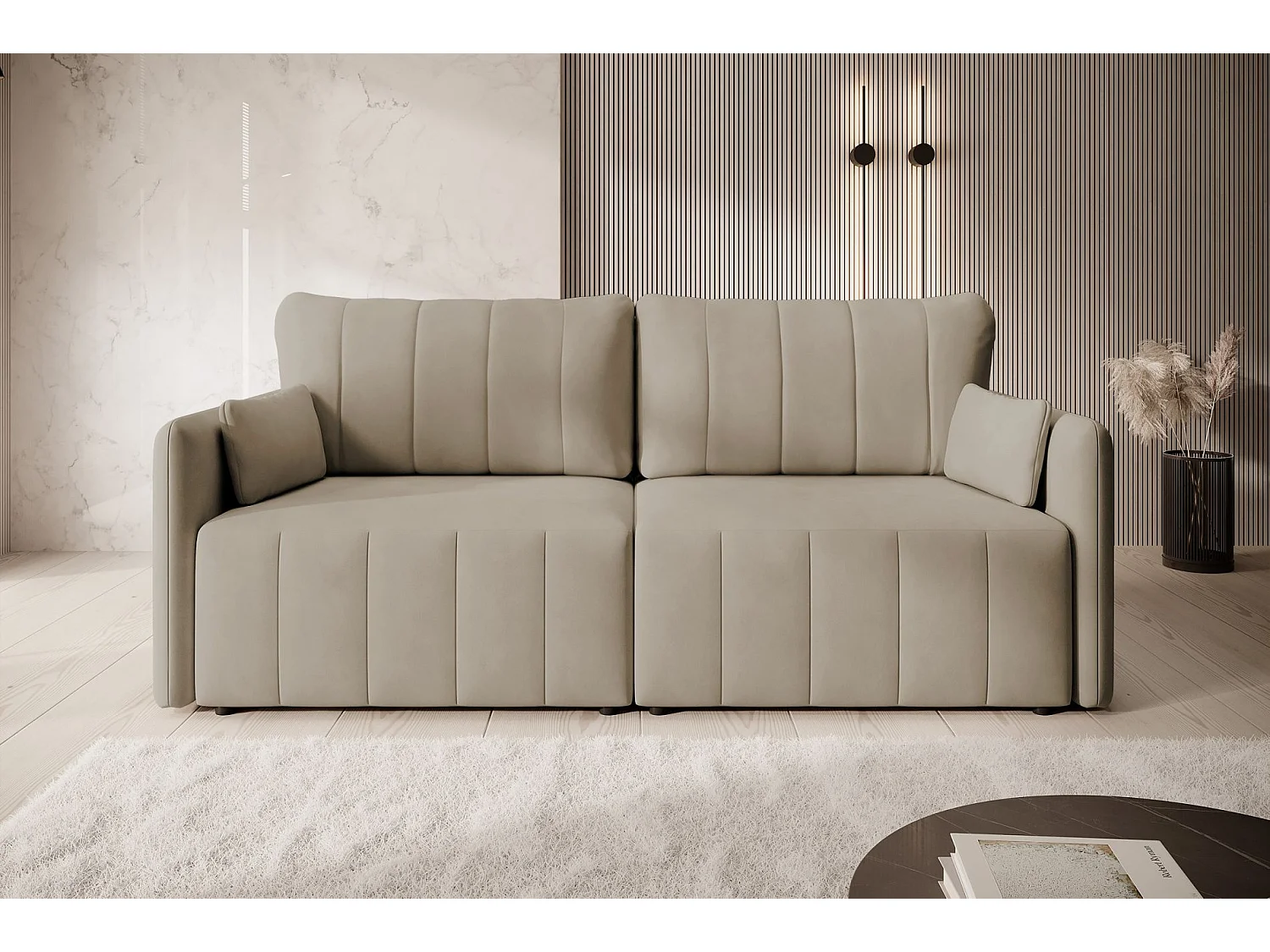 Canapé 3 places convertible – velours – pieds noirs – beige – PIERRA