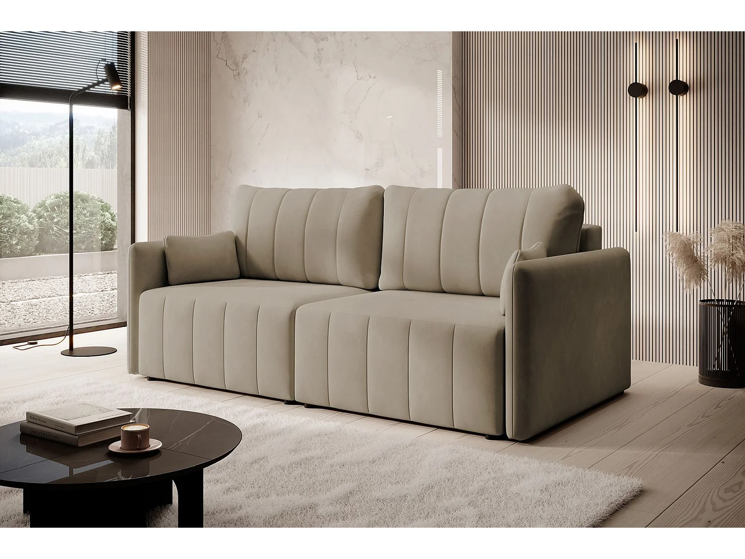 3-zitsbank in waterdicht fluweel met zwarte poten, beige - PIERRA
