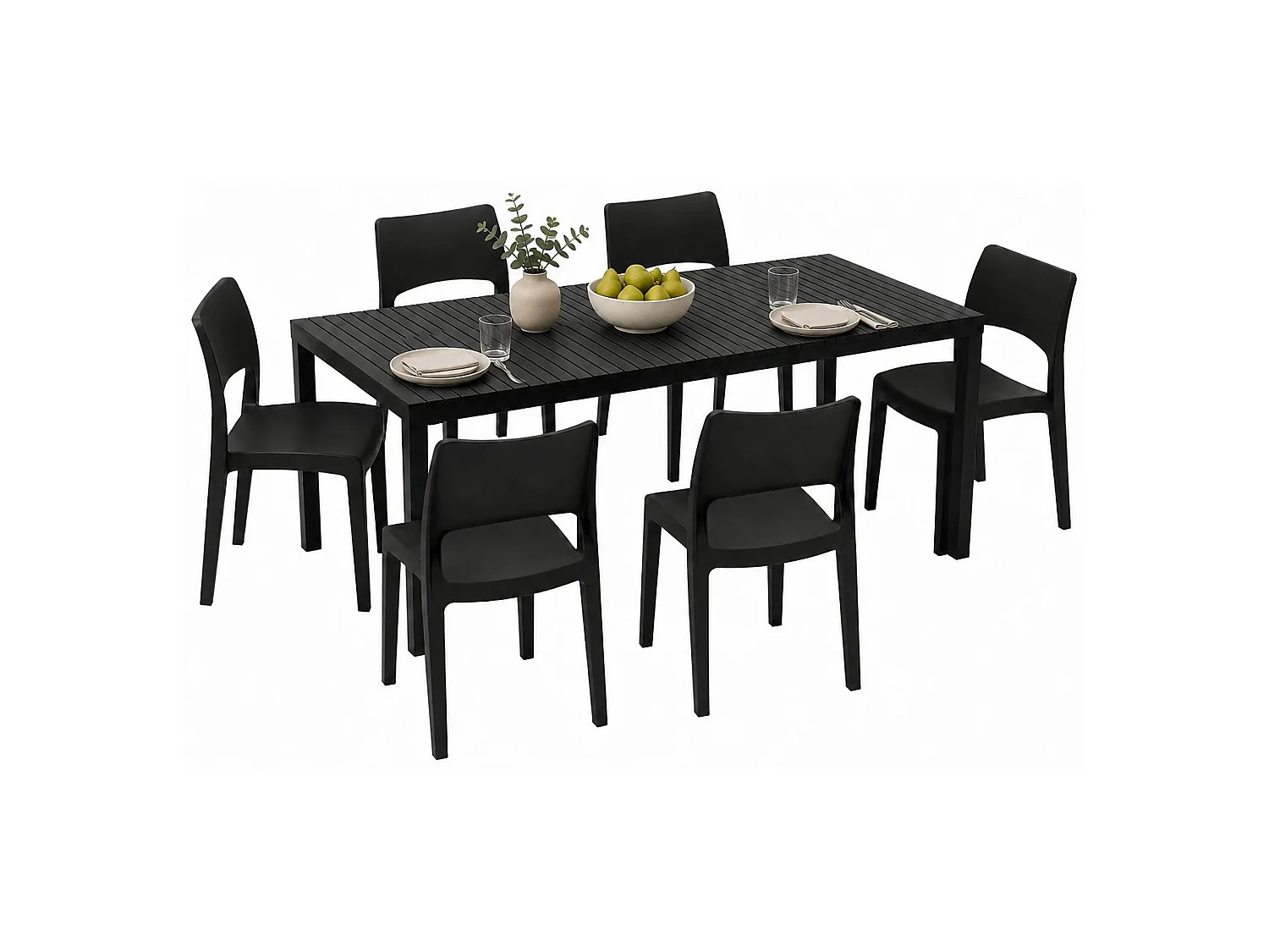 Ensemble Salon Extérieur Maseta, 6 Places Made in Italy, Noir Anthracite, Salon de Jardin, Table Réglable, Finition Effet Lames