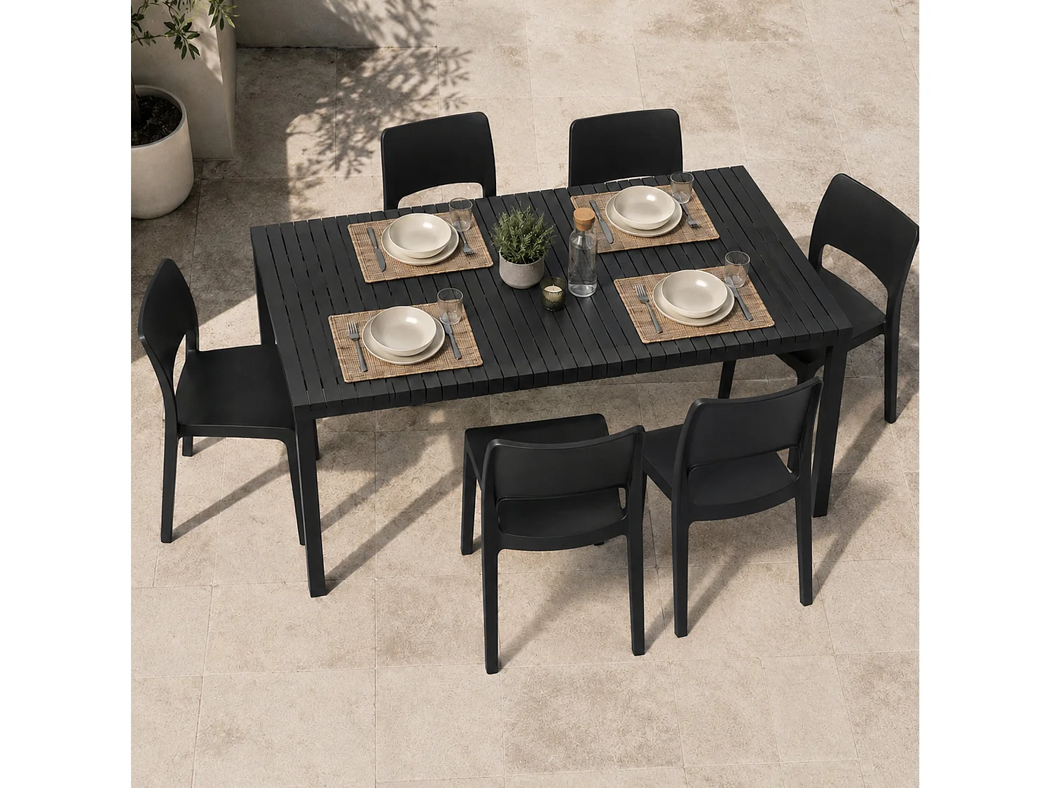 Ensemble Salon Extérieur Maseta, 6 Places Made in Italy, Noir Anthracite, Salon de Jardin, Table Réglable, Finition Effet Lames