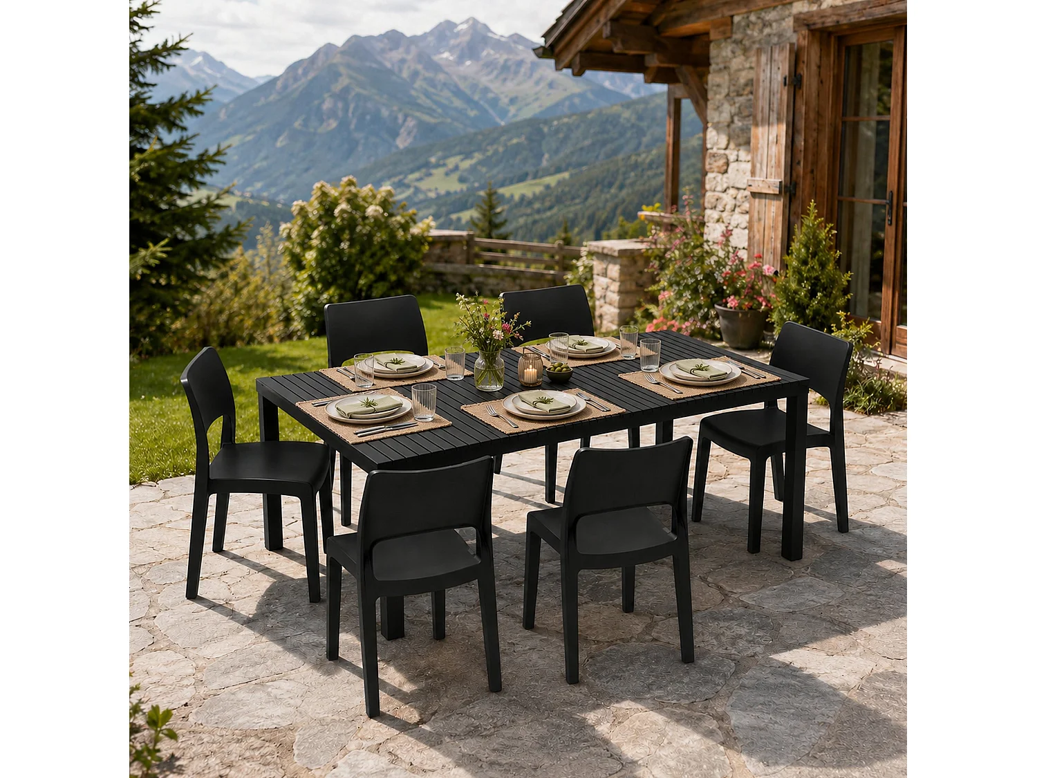 Ensemble Salon Extérieur Maseta, 6 Places Made in Italy, Noir Anthracite, Salon de Jardin, Table Réglable, Finition Effet Lames