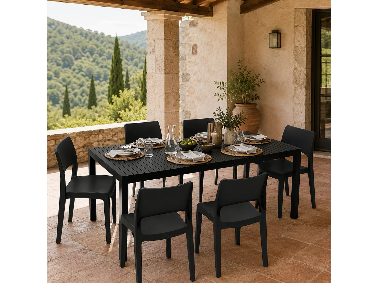 Ensemble Salon Extérieur Maseta, 6 Places Made in Italy, Noir Anthracite, Salon de Jardin, Table Réglable, Finition Effet Lames