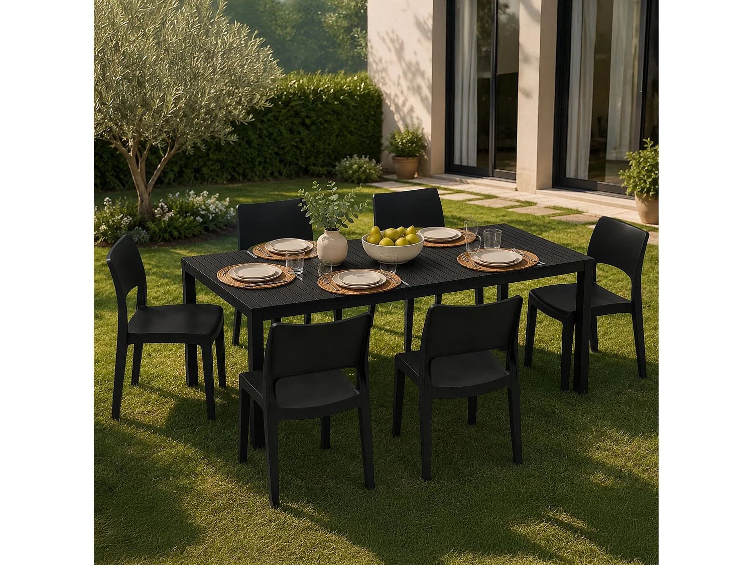 Ensemble Salon Extérieur Maseta, 6 Places Made in Italy, Noir Anthracite, Salon de Jardin, Table Réglable, Finition Effet Lames