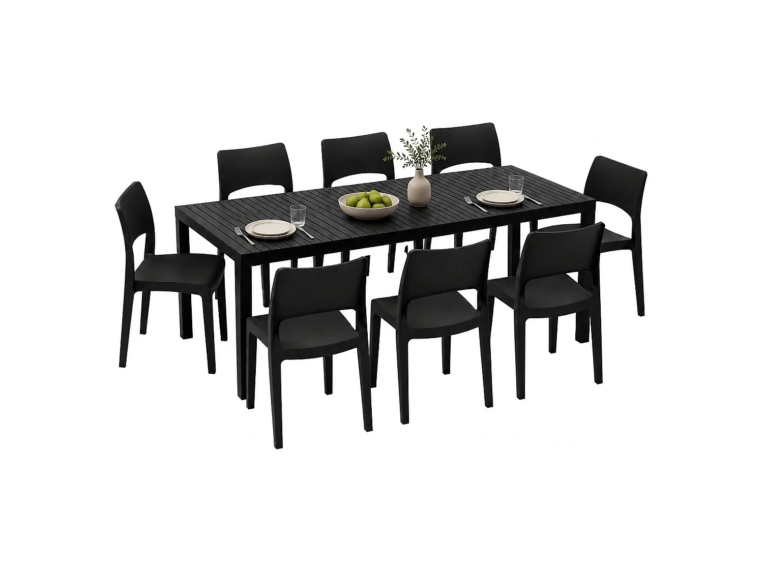 Set Salotto da Esterno Masiba, 8 Posti Made in Italy, Nero Antracite, Salottino Outdoor, Tavolo Tavolo Allungabile, Finitura Effetto Doghe