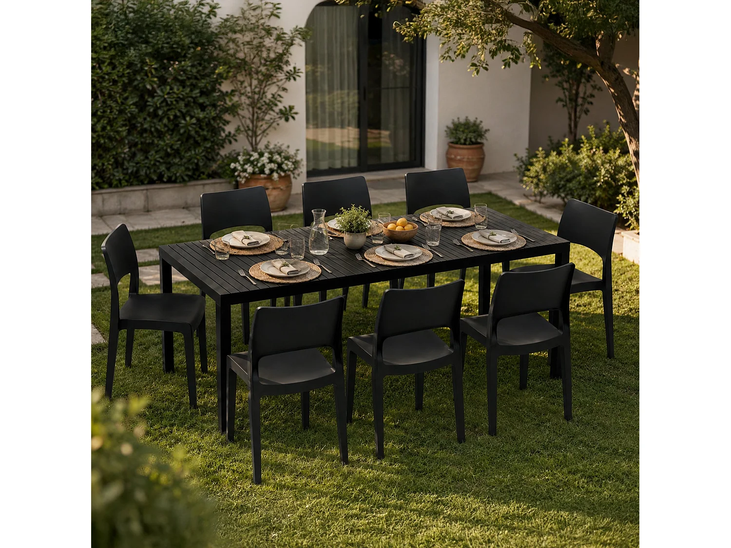 Set Salotto da Esterno Masiba, 8 Posti Made in Italy, Nero Antracite, Salottino Outdoor, Tavolo Tavolo Allungabile, Finitura Effetto Doghe
