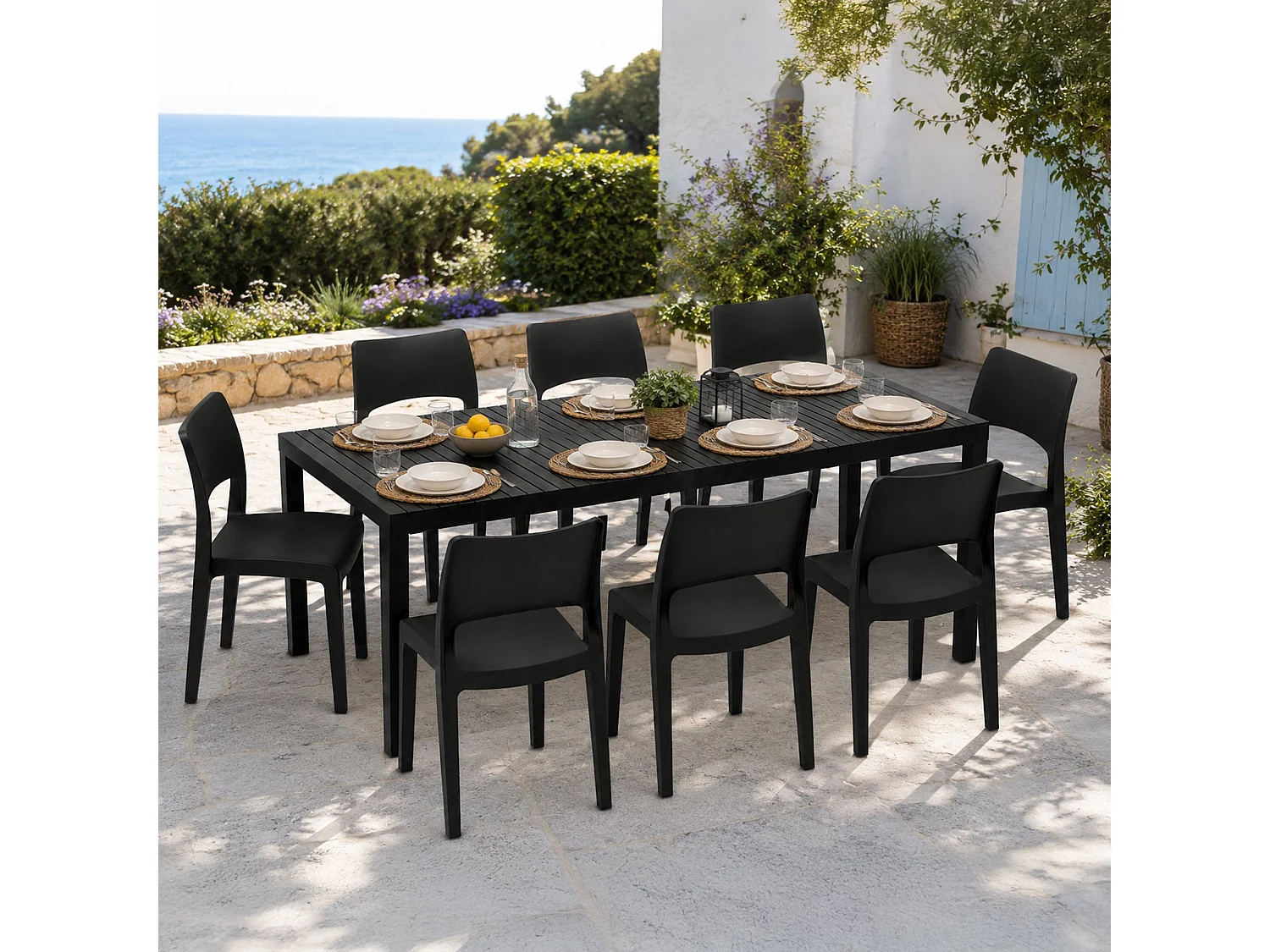 Set Salotto da Esterno Masiba, 8 Posti Made in Italy, Nero Antracite, Salottino Outdoor, Tavolo Tavolo Allungabile, Finitura Effetto Doghe
