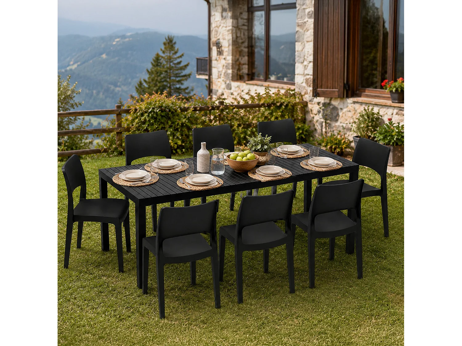 Set Salotto da Esterno Masiba, 8 Posti Made in Italy, Nero Antracite, Salottino Outdoor, Tavolo Tavolo Allungabile, Finitura Effetto Doghe