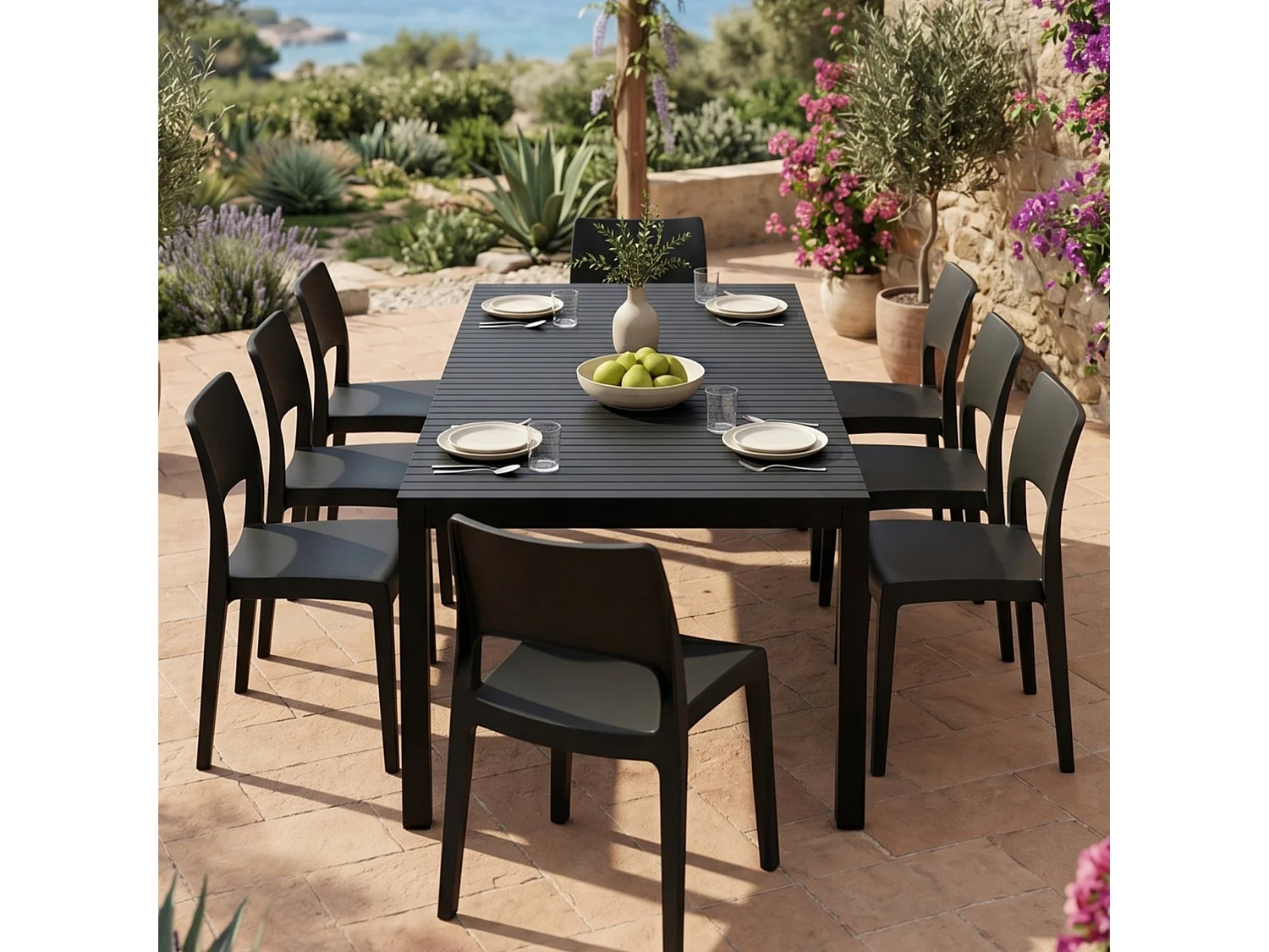 Set Salotto da Esterno Masiba, 8 Posti Made in Italy, Nero Antracite, Salottino Outdoor, Tavolo Tavolo Allungabile, Finitura Effetto Doghe