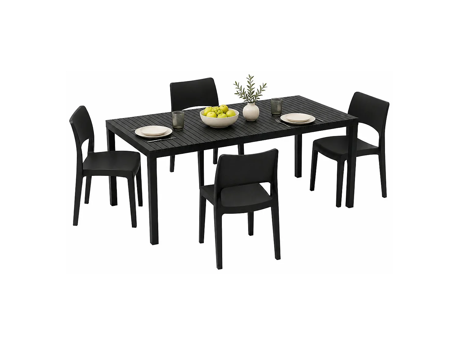 Set Salotto da Esterno Masisa, 4 Posti Made in Italy, Nero Antracite, Salottino Outdoor, Tavolo Tavolo Allungabile, Finitura Effetto Doghe