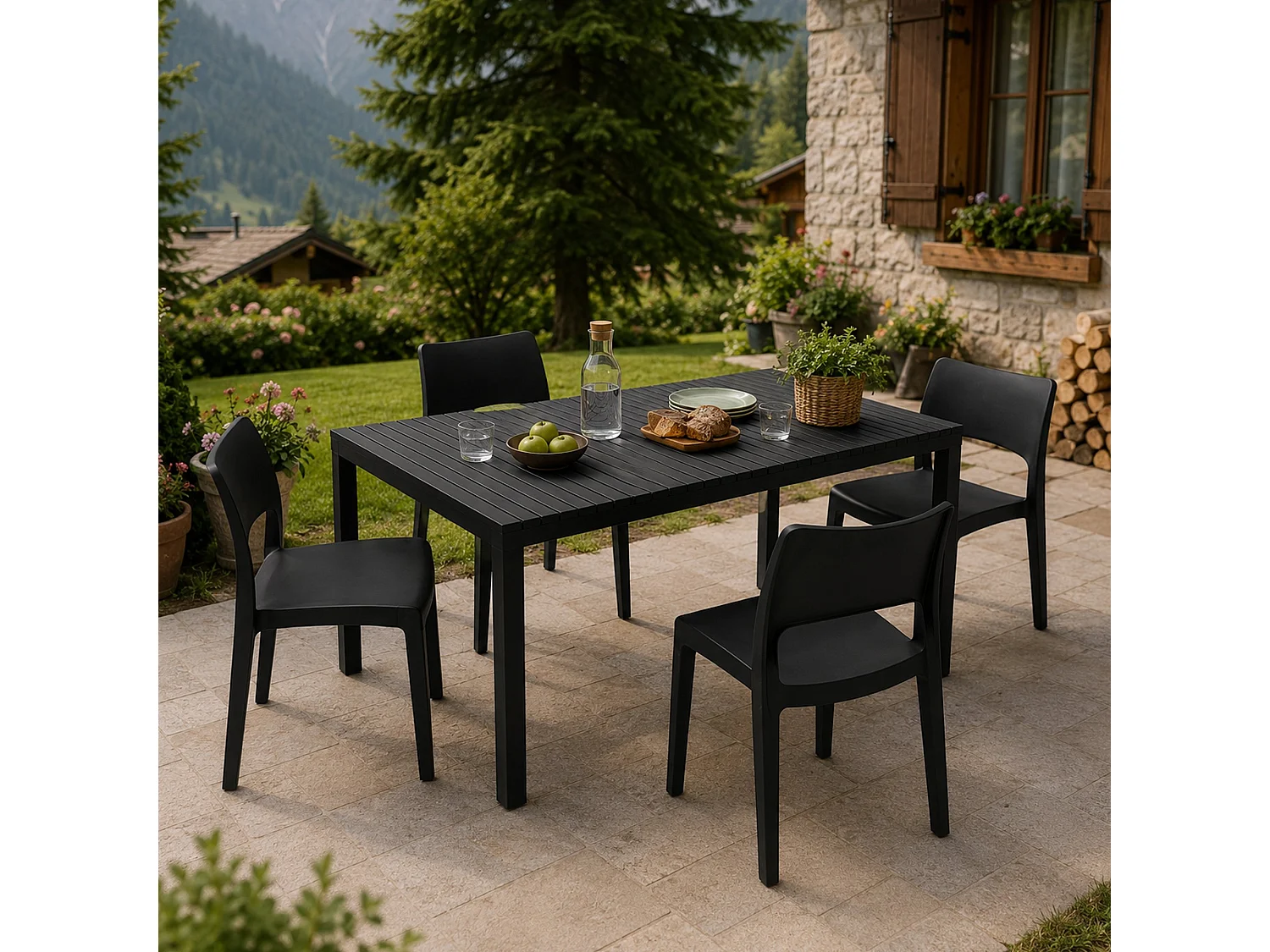 Set Salotto da Esterno Masisa, 4 Posti Made in Italy, Nero Antracite, Salottino Outdoor, Tavolo Tavolo Allungabile, Finitura Effetto Doghe