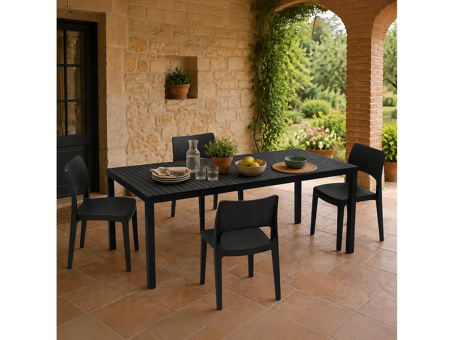 Set Salotto da Esterno Masisa, 4 Posti Made in Italy, Nero Antracite, Salottino Outdoor, Tavolo Tavolo Allungabile, Finitura Effetto Doghe