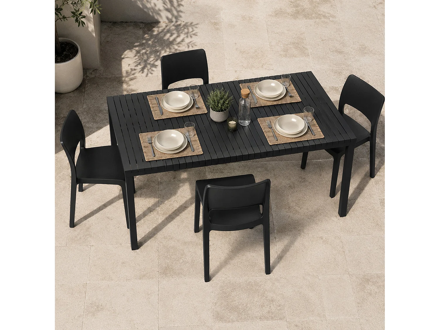 Set Salotto da Esterno Masisa, 4 Posti Made in Italy, Nero Antracite, Salottino Outdoor, Tavolo Tavolo Allungabile, Finitura Effetto Doghe