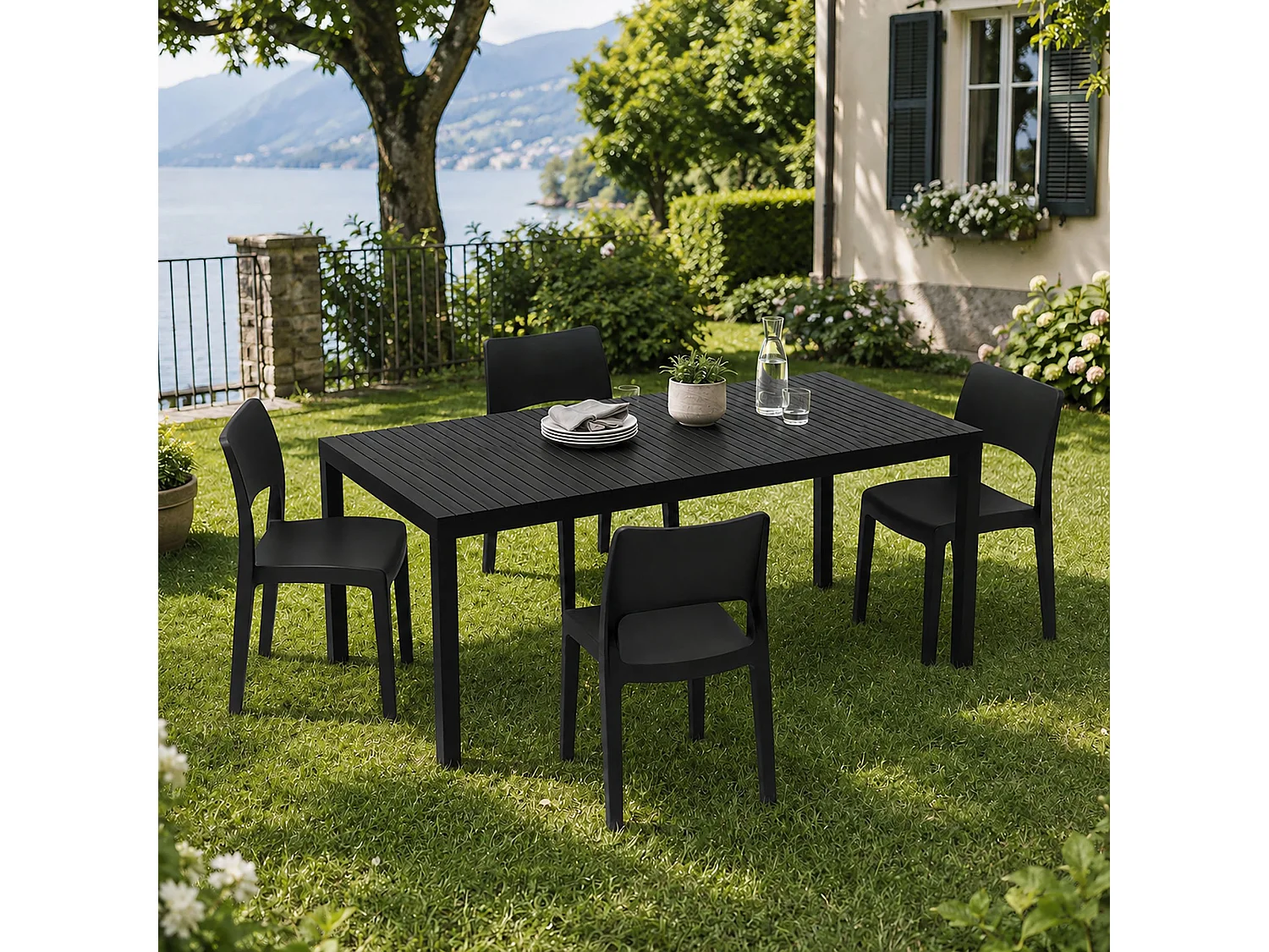Set Salotto da Esterno Masisa, 4 Posti Made in Italy, Nero Antracite, Salottino Outdoor, Tavolo Tavolo Allungabile, Finitura Effetto Doghe