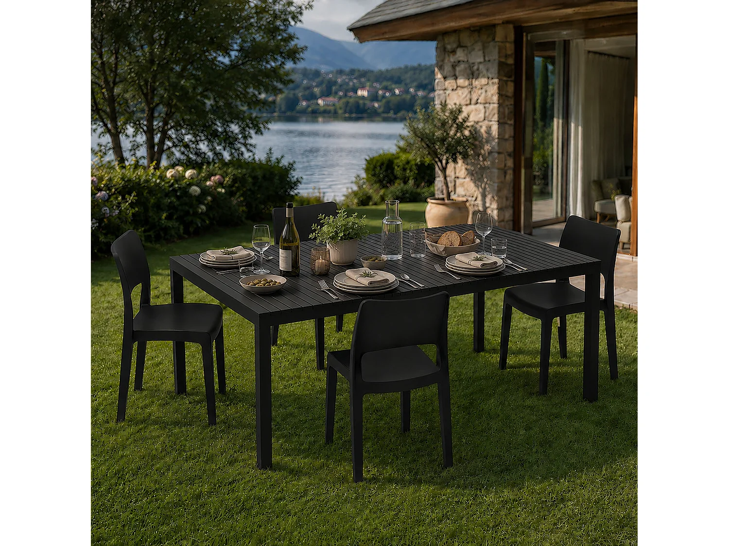 Set Salotto da Esterno Masisa, 4 Posti Made in Italy, Nero Antracite, Salottino Outdoor, Tavolo Tavolo Allungabile, Finitura Effetto Doghe