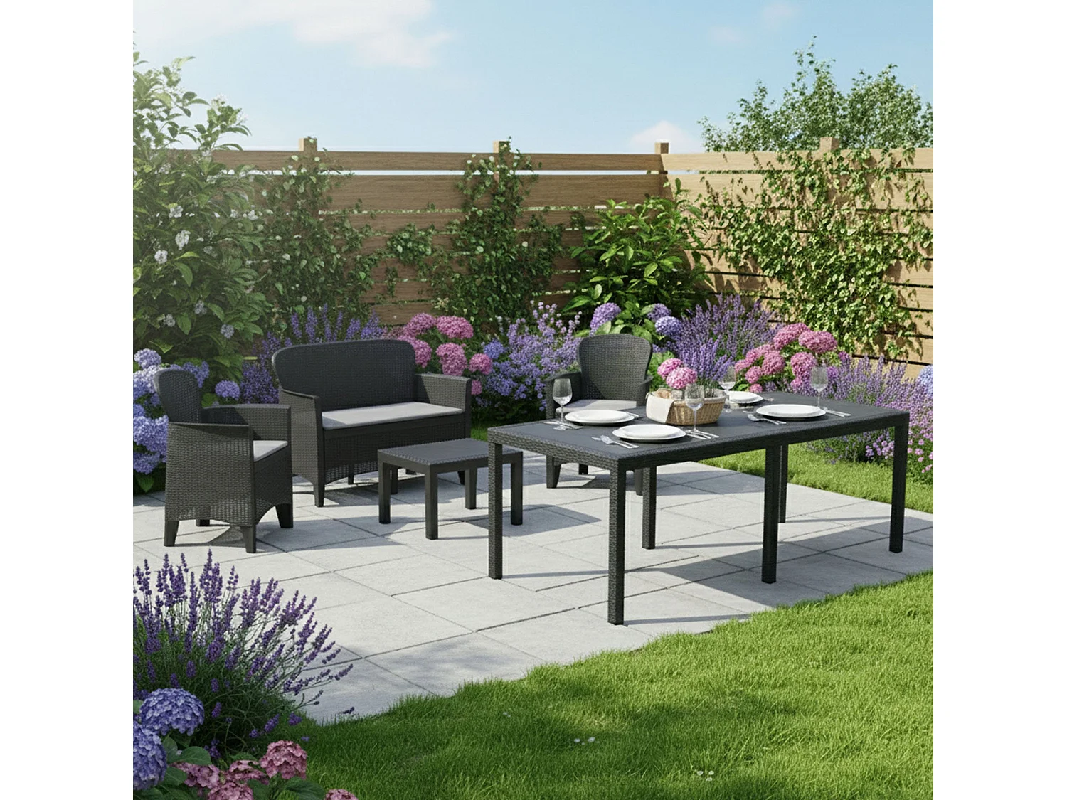 Set Salotto da Esterno Domaso, Salottino 4 Posti, Tavolo 10 Posti Posti Made in Italy, Nero Antracite, Salottino Outdoor, un Tavolino