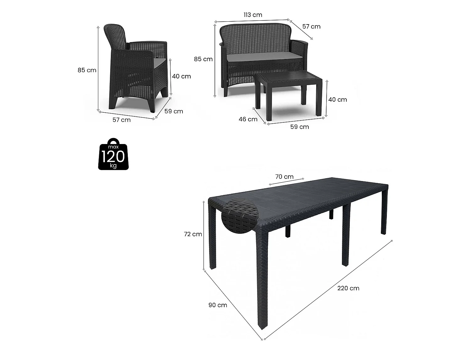 Set Salotto da Esterno Domaso, Salottino 4 Posti, Tavolo 10 Posti Posti Made in Italy, Nero Antracite, Salottino Outdoor, un Tavolino