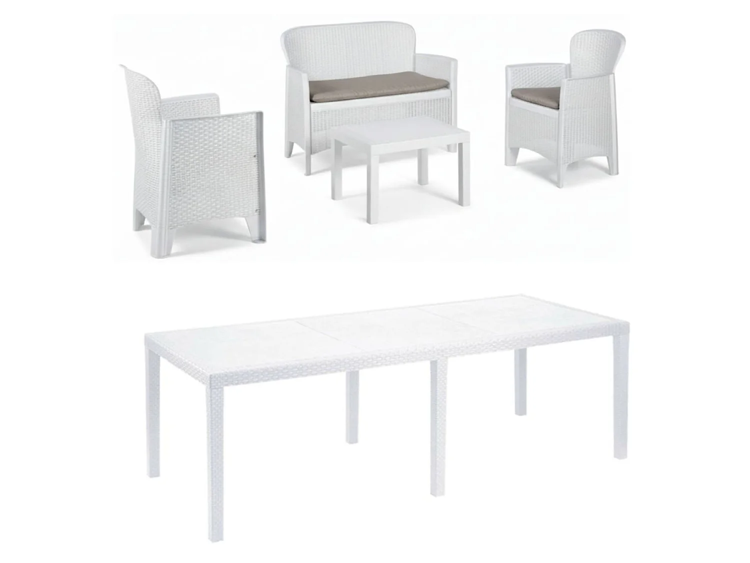 Set Salotto da Esterno Domaso, Salottino 4 Posti, Tavolo 10 Posti Posti Made in Italy, Bianco, Salottino Outdoor, un Tavolino